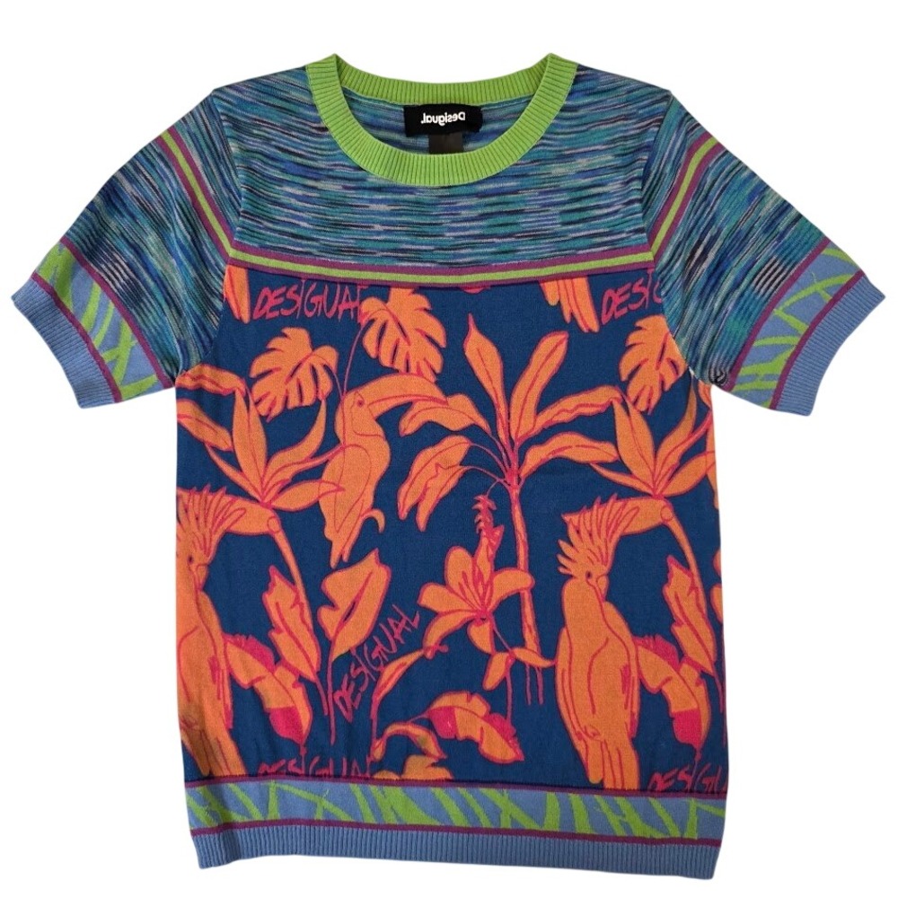 Desigual Women's M Eva Tropical Toucan Parrot Short Sleeve Knit Top Blue